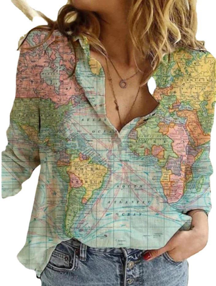 2021 European & American Map Print Long Sleeve Women's Shirt