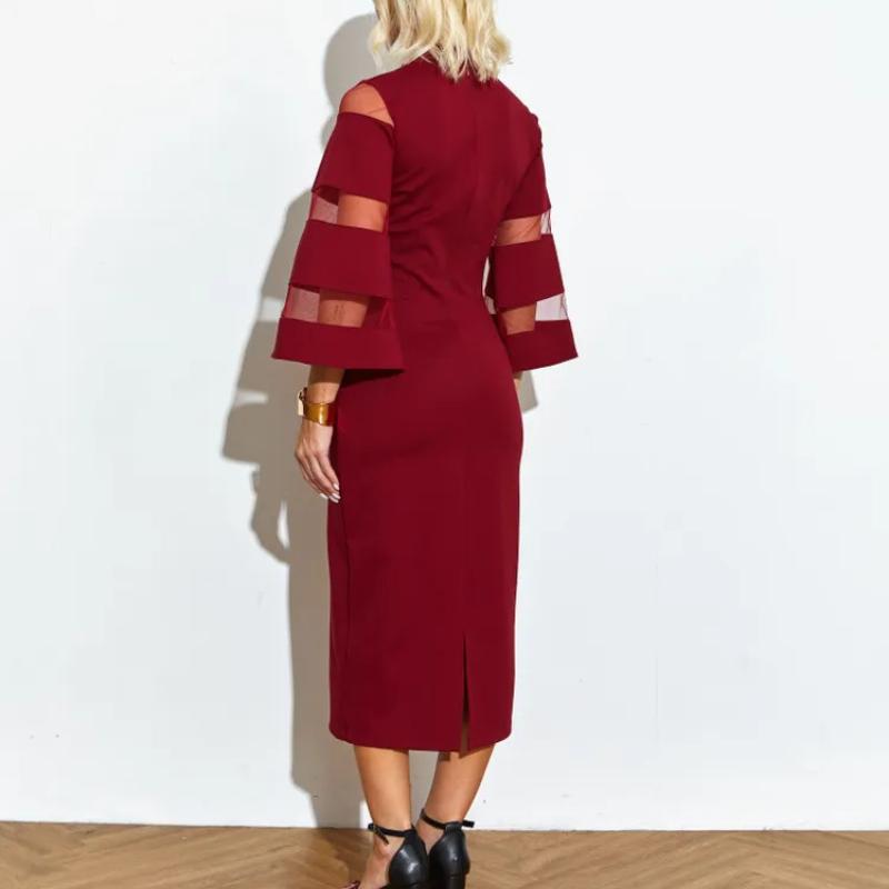 European and American Women's Solid Color Round Neck Flared Sleeve Hip Hugging Dress