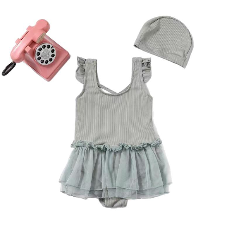 2025 Girls' One-Piece Skirted Swimsuit - Cute Princess Style, Solid Color Baby Swimwear