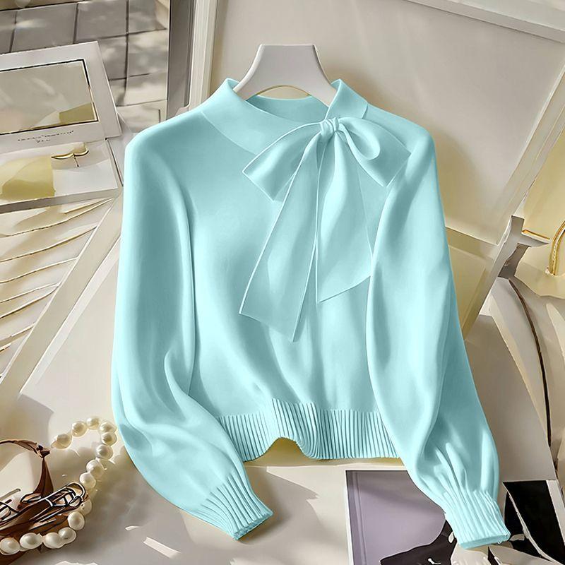 

Женский однотонный свитер с круглым вырезом, облегающий, с бантом, женская одежда, пуловер с длинными рукавами, топы для женщин One size