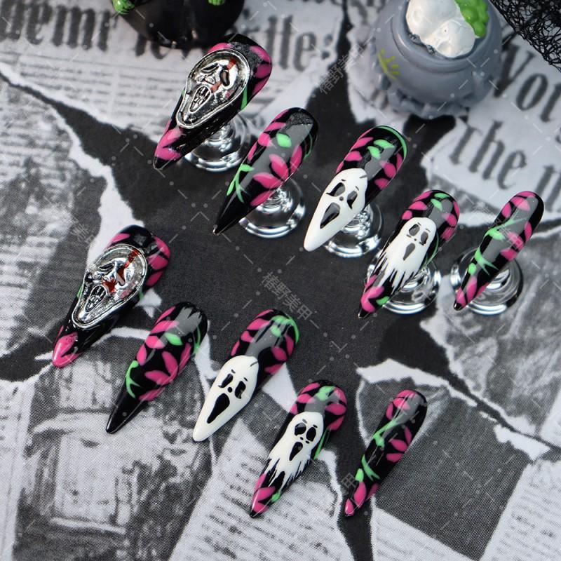Press On Nails Women Ins Style Halloween Ghost Face Green Vine Red Leaf Dark Horror Design Acrylic False