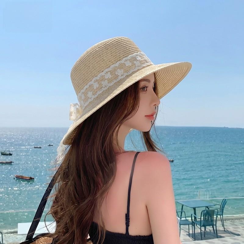 Summer Straw Hat With Lace Ribbon Large Brim Sun Protection For Beach Vacation Women