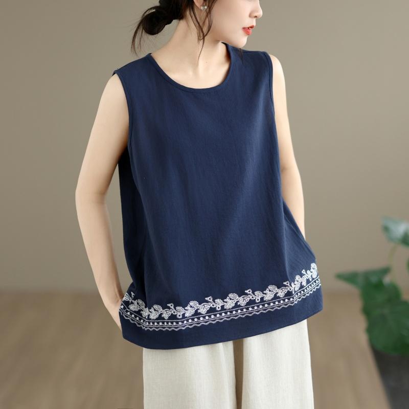 oversized cotton vintage embroidery Casual loose tank tops for Women summer vest t-shirt