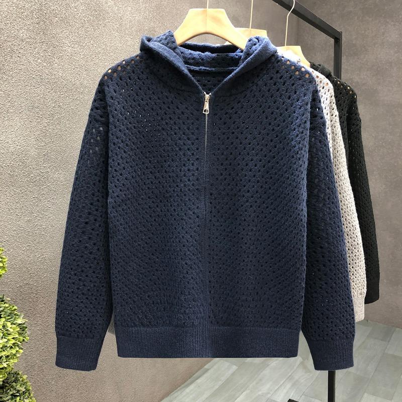 Mens Hollow Out Hooded Cardigan Loose Knit Sweater Casual Outerwear