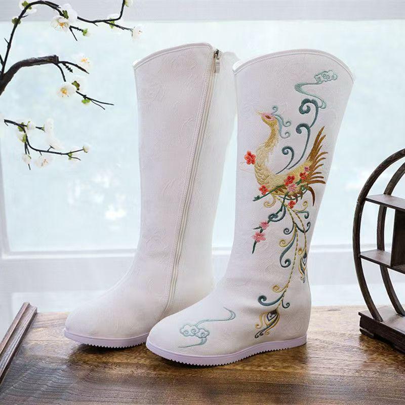 Botas de Mujer hasta la Rodilla Bordadas Otoño Invierno Nuevas con Plush Interno para Mantener el Calor Estilo Étnico de Caña Alta con Cremalleras Botas Hanfu
