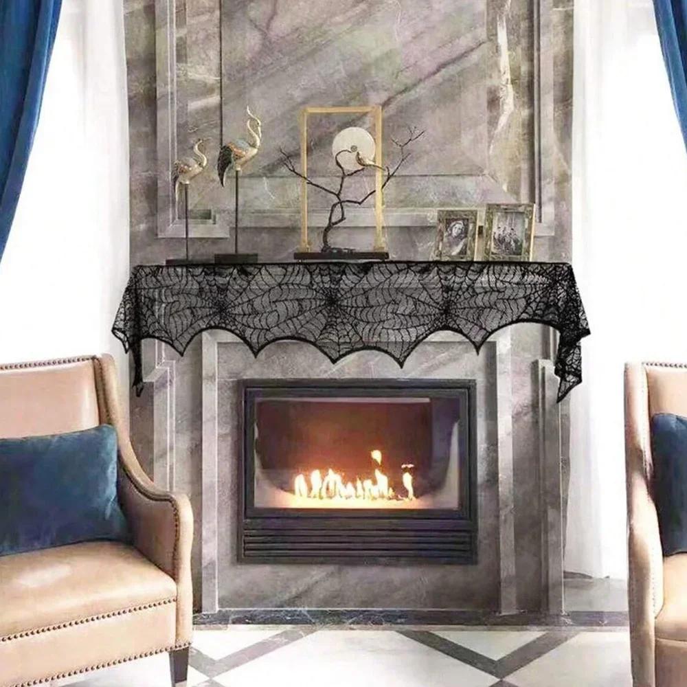 1/2pcs-Halloween Fireplace Cloth Black Lace Halloween Table Runner Halloween Cobweb Tablecloth Outdoor Party Decorative Cloth