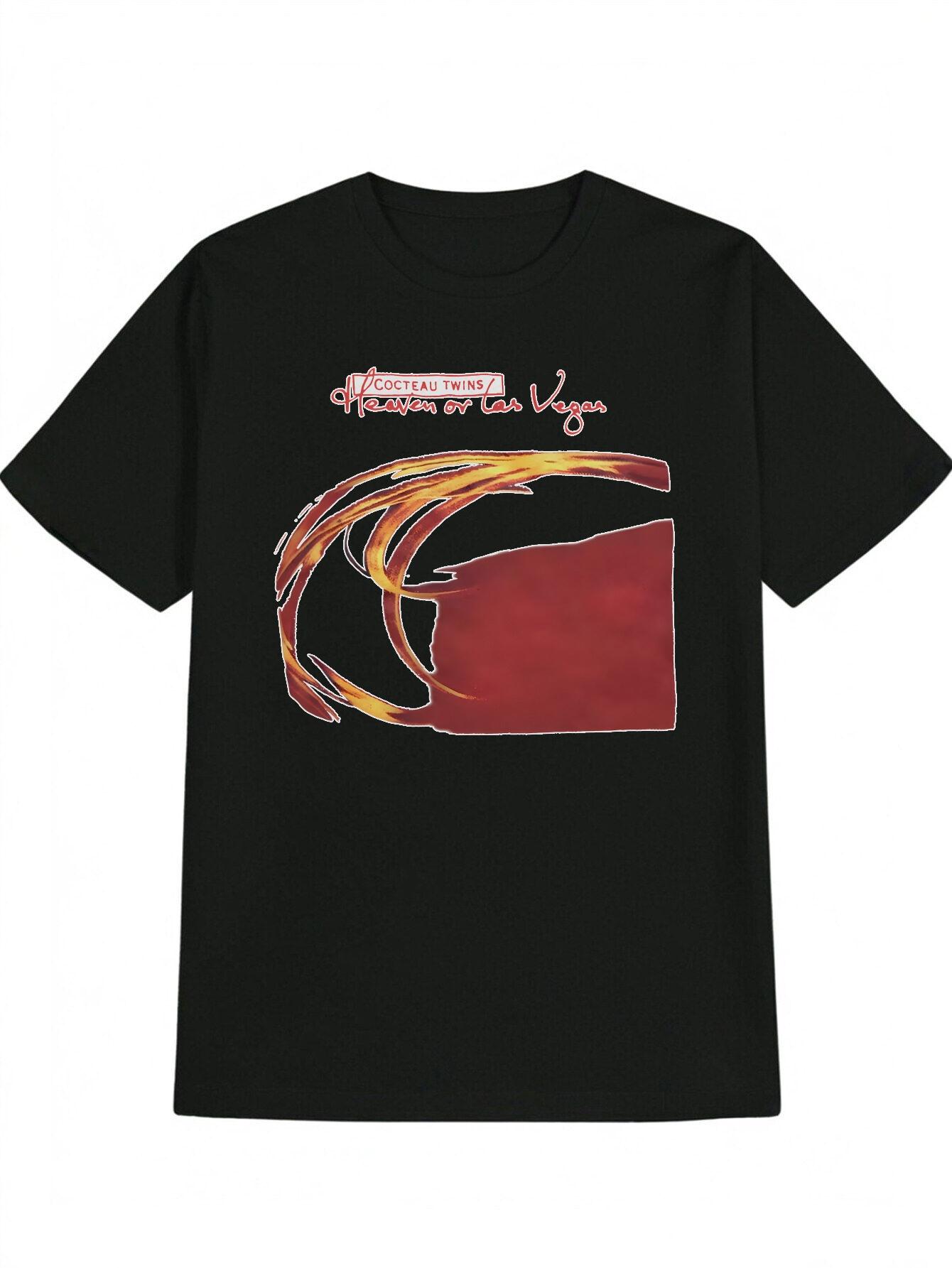 Casual Crew Neck T-shirt with Vibrant Red & Orange Flame Design - HOTELS & VEGAS Handwritten Print L