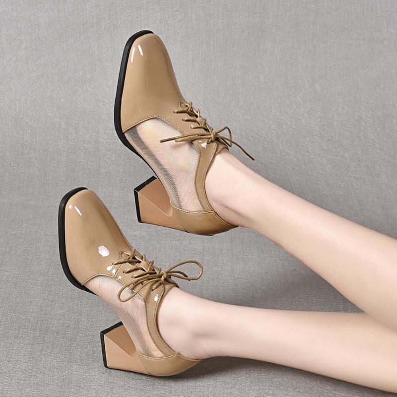 Fashion FHC Patent Leather Women Mesh Pumps.Fashion Office Lady Mid Heel Work Shoes,Square Toe,Front Laces,Black,Apricot,Red,Dropship