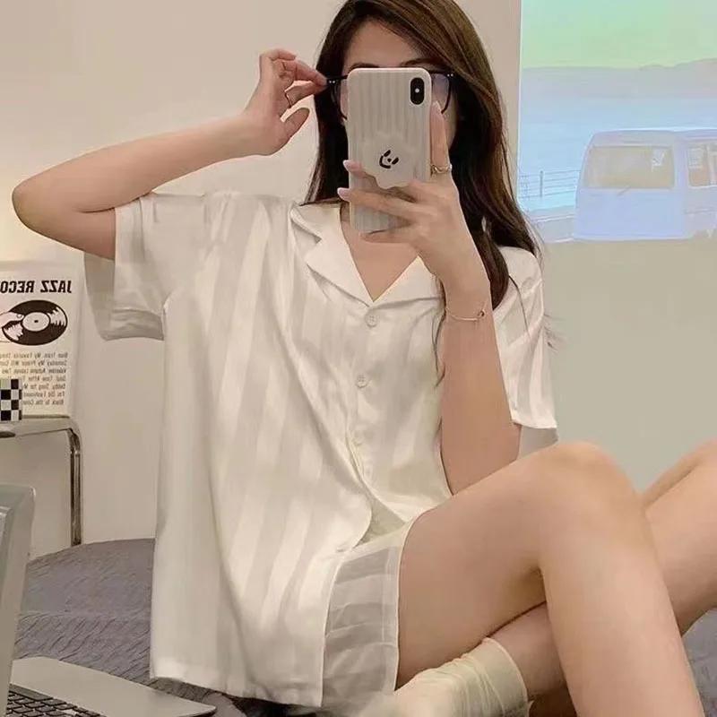 

Пижама из ледяного шелка, женский комплект из кардигана с короткими рукавами и лацканами, домашняя одежда, однотонная полосатая сексуальная ночная рубашка для женщин, одежда для сна, 2 шт./комплект 2XL