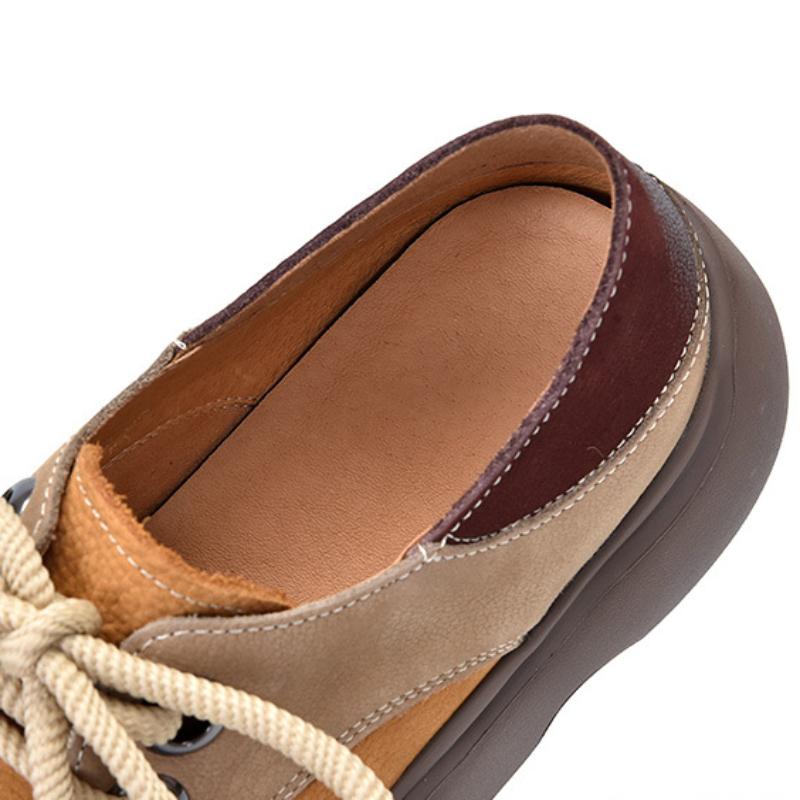 Johnature Genuine Leather Lace-up Thick Soled Shoes Retro Mixed Colors Round Toe Women's Flat Shoes