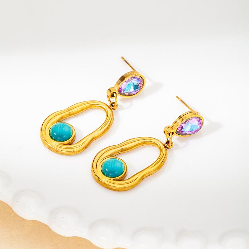 DIEYURO 316L Stainless Steel Purple Water Droplets Irregular Elliptical Inlay Cat Eye Stones Earrings Waterproof Fashion Jewelry