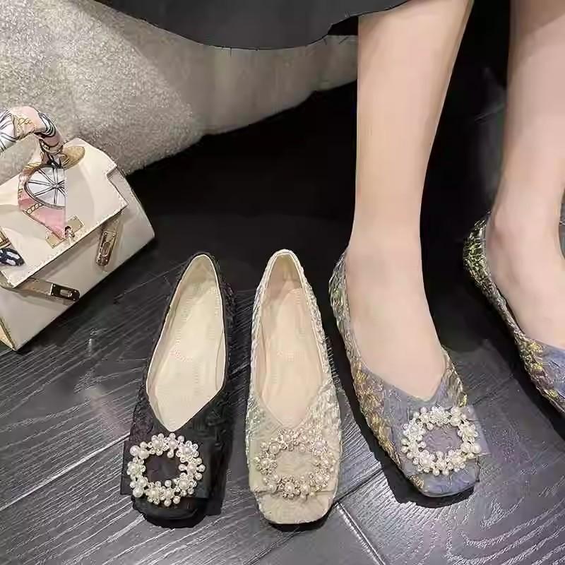 Premium single shoes women's flat shoes spring new square head shallow mouth fairy ladyshoes soft sole Doudou shoes