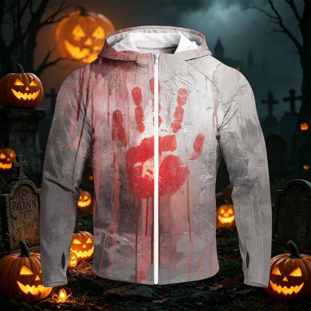 Men's Casual Raglan Sleeve Hooded Long Sleeve Sun Protection Jacket Halloween Pumpkin Print Lightweight Zip Up Outerwear