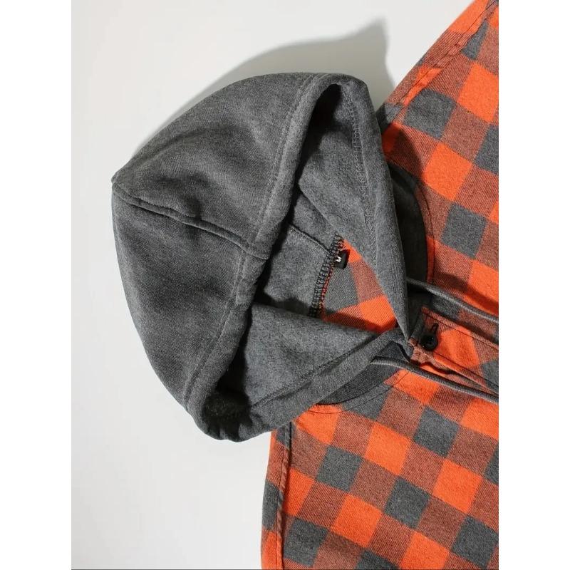 Men's Shirts Classic Plaid Casual Button Down Hooded Long Sleeved Double Pockets Shirt Hoodie Flannel Jacket Spring Autumn