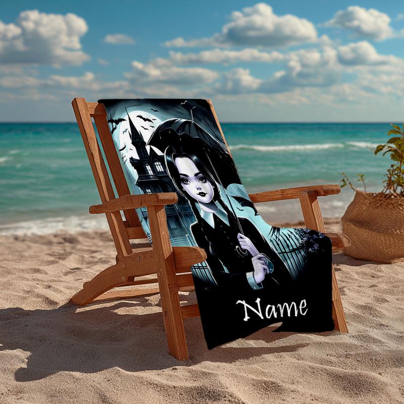 Custom Name Ultra-Soft Beach Towel with Wednesday Theme,Ideal for Pool - Camping, Diving - Perfect Travel Essential, Vibrant Beach Towel.
