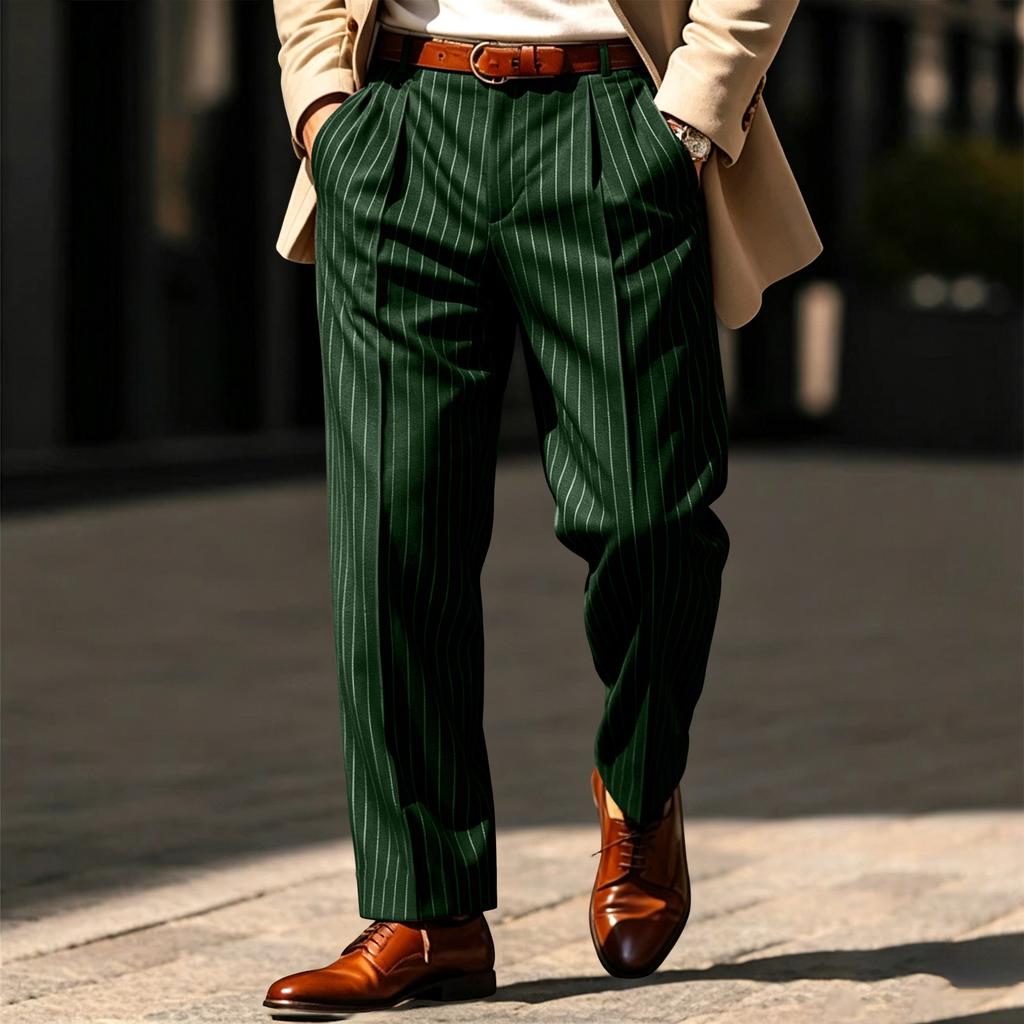 Men's Striped Dress Pants with Elastic Waistband and Button Closure for Business Work