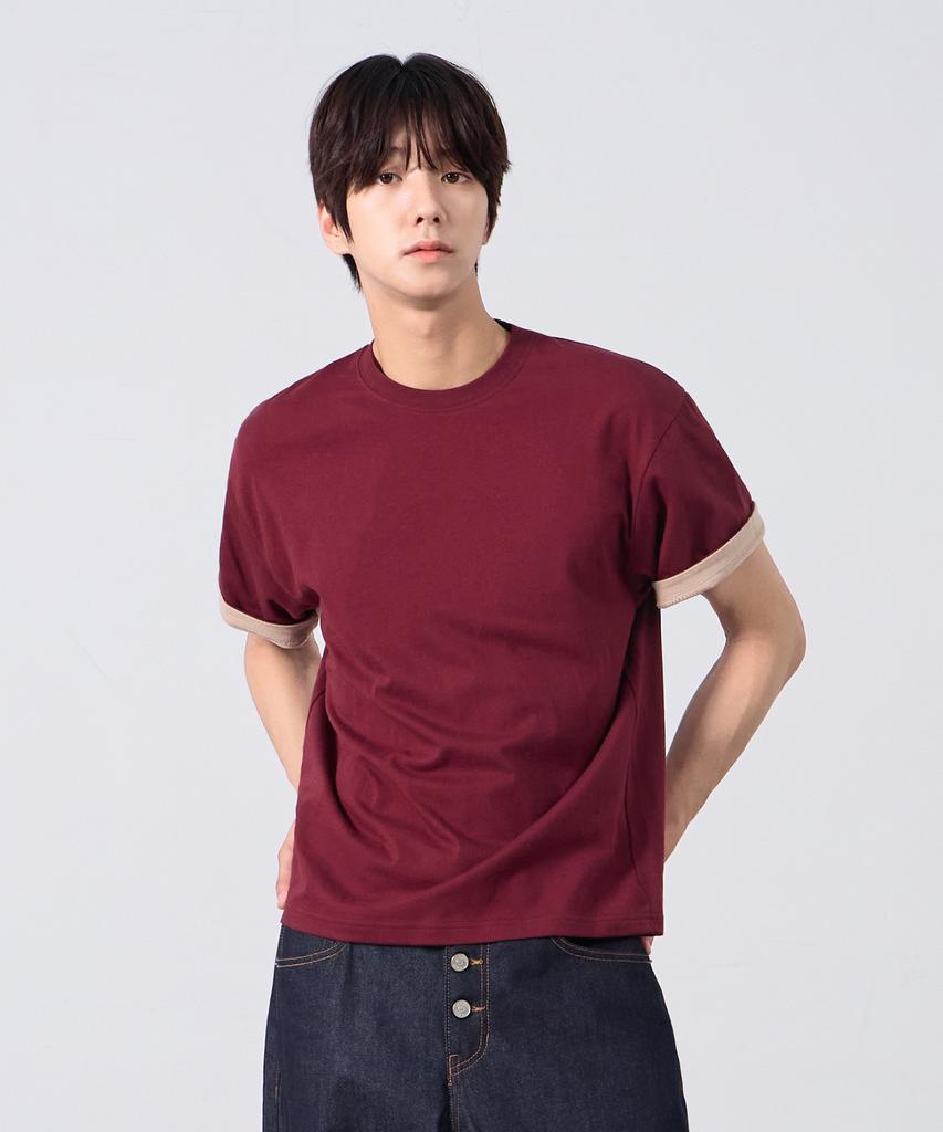 ALVINCLO Plain Color Block Roll-Up Short Sleeve Tee Ast3682 (4 Colors)