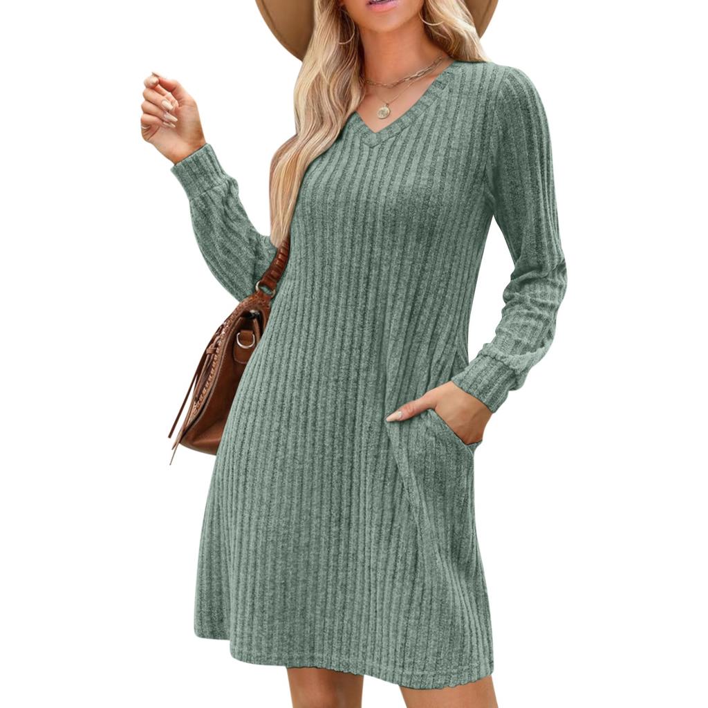 Womens V Neck Fall Dresses Long Sleeve Casual Sweater Short Dress Fashion Clothes