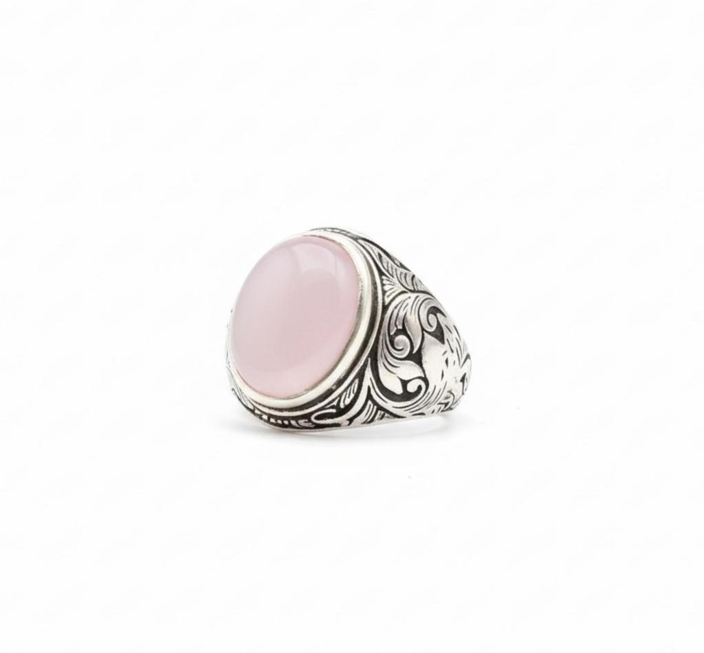 Oval Rose Quartz Signet Ring, 925 Solid Sterling Silver, Scrollwork Statement Ring