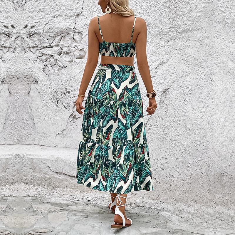 JKASHDK Women's Fashion Casual Feather Print Summer Spring Sleeveless Suspenders Skirt Suits