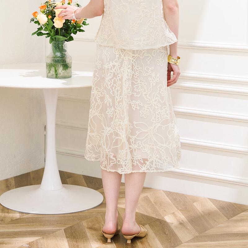 TUHUANG Mulberry Silk Embroidered A-Line Sheer Mesh Midi Skirt
