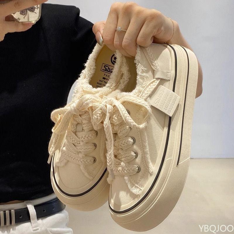 Ladies' casual Sneakers Low cut round toe board shoe Thick soled canvas shoes rough edges Fashion lace up women vulcanized shoes