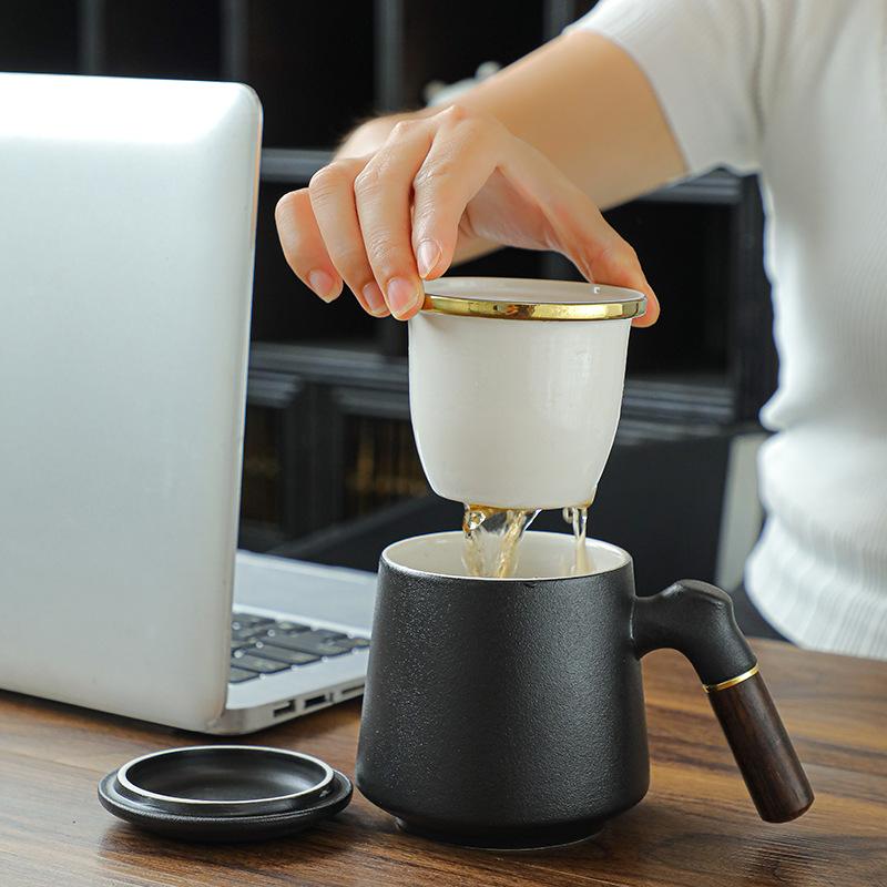 Ceramic Tea Cup with Lid Tea Separation Cup Filter Water Cup Creative Wooden Handle Cup Office Cup Gift Cup