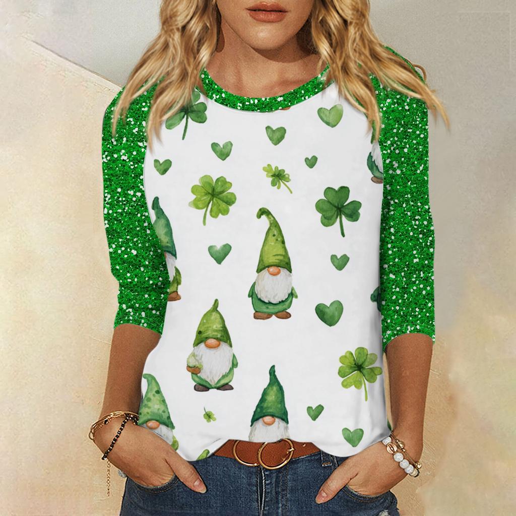 Frauen St. St. Patrick's Day Print Rundhals Dreiviertelarm Oberteil