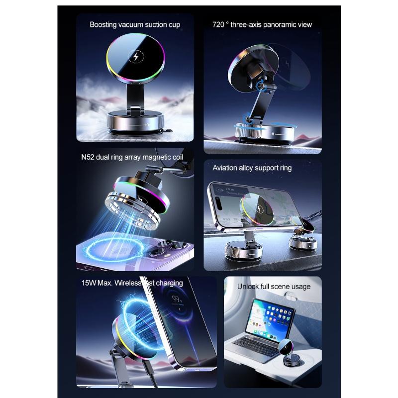 Magnetic Car Wireless Charger Phone Holder 360° Rotatable Phone Mount for Iphone Samsung Xiaomi Suction Cup Vacuum Foldable
