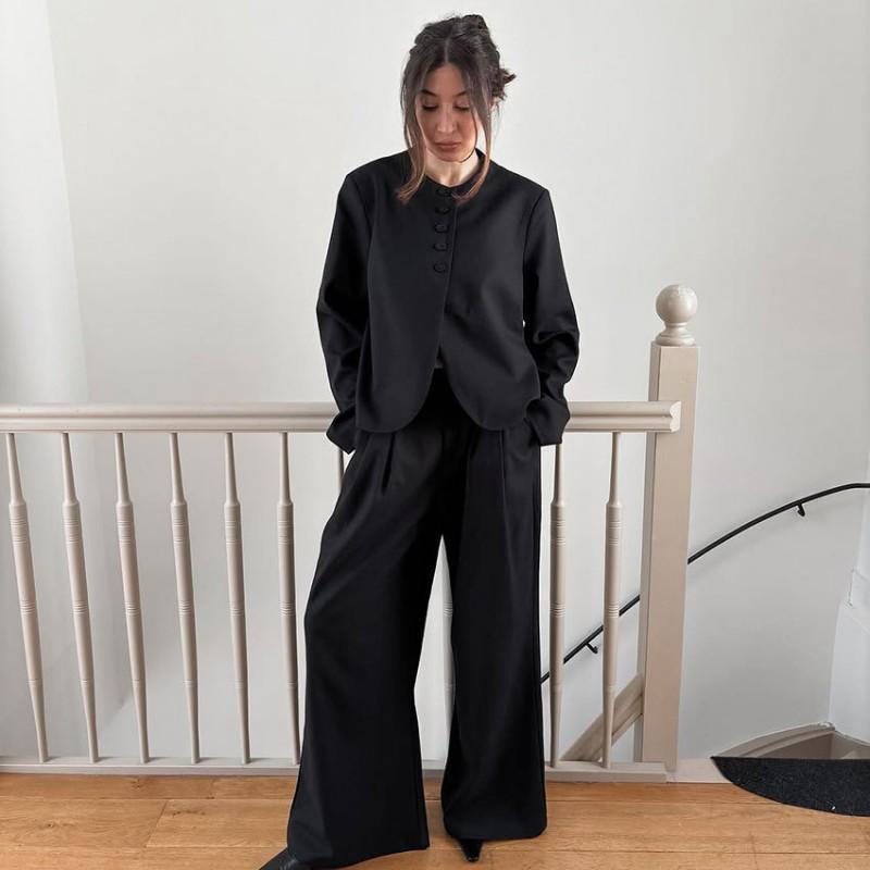 Womens Black Suit Set Long Sleeve Top Pants Elegant Casual 2-Piece Outfit