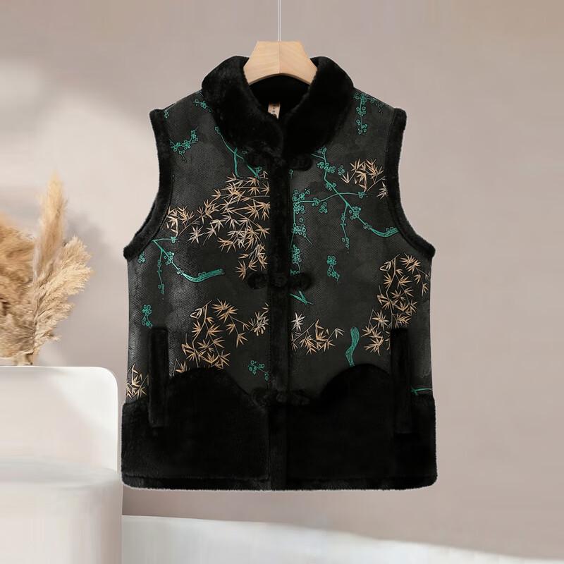 Elderly Women's Embroidered Fleece-Lined Winter Vest Jacket