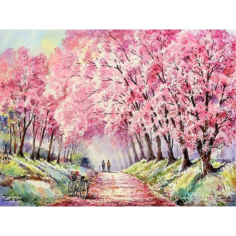 5D Diamond Painting Scenery Cross Stitch DIY Diamond Embroidery Pink Cherry Blossoms Full Round Mosaic Kit