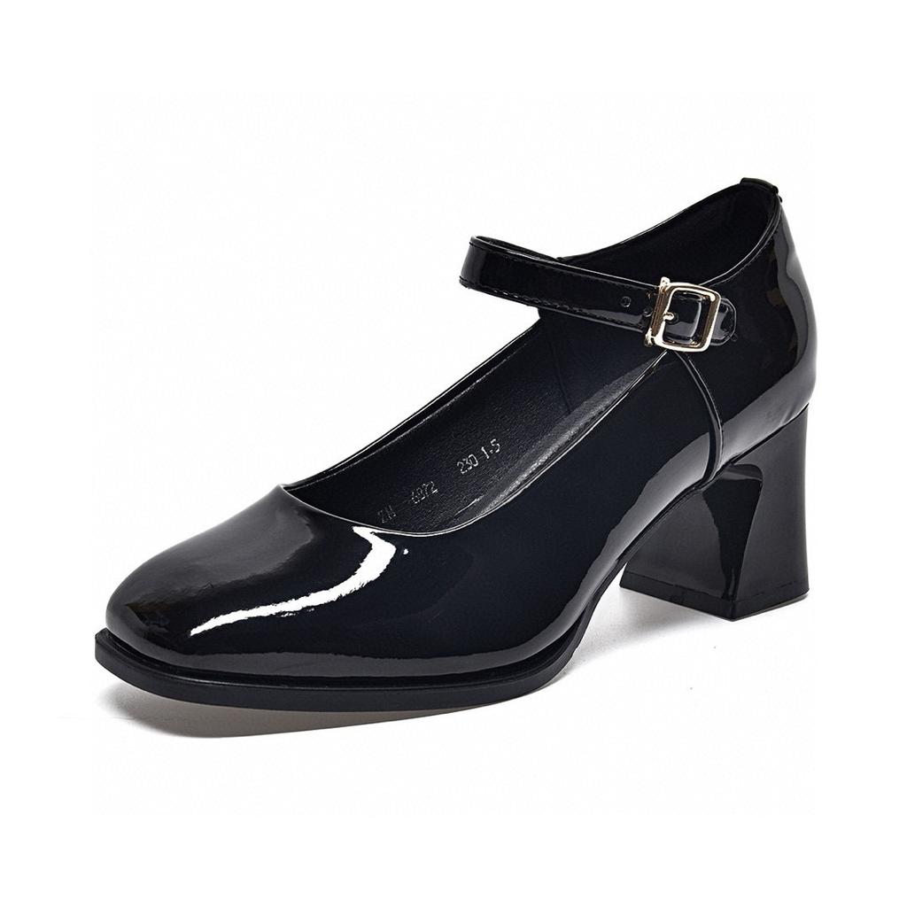 Square Head High Heels Women's Autumn One-word Buckle Shallow Mouth Mary Jane Shoes Thick Heel Small Single Shoes Patent Leather Women's Shoes