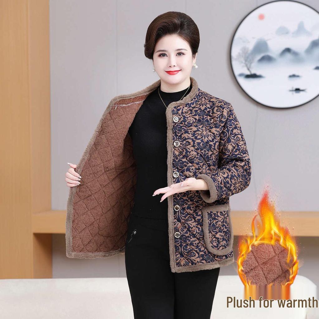 Fat Mama Plus Size Velvet Cotton Jacket - Cozy Autumn/Winter Wear for Middle-Aged Women