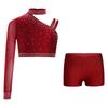 Girls Dance Performance Top Sparkly Rhinestone Irregular Shoulder Crop Top V Front Waistband Shorts