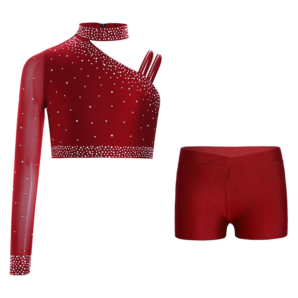 Girls Dance Performance Top Sparkly Rhinestone Irregular Shoulder Crop Top V Front Waistband Shorts