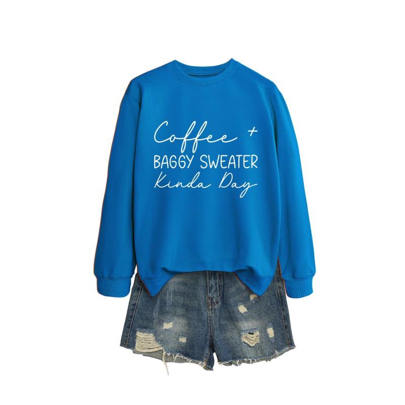 Womens Oversized Round Neck Long Sleeve Cotton Blend Casual Sweatshirt With Print - Loose Fit Comfort Top