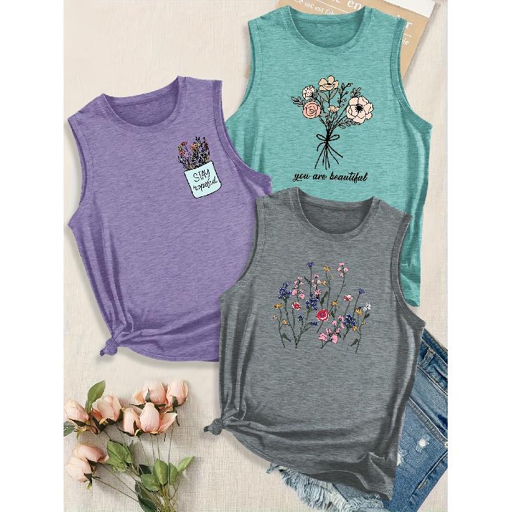 Women's Elegant Style Simple Fresh Line Letter Combination Gift Print Pattern Round Neck3Sleeveless Vest Spring/summer Women's Top