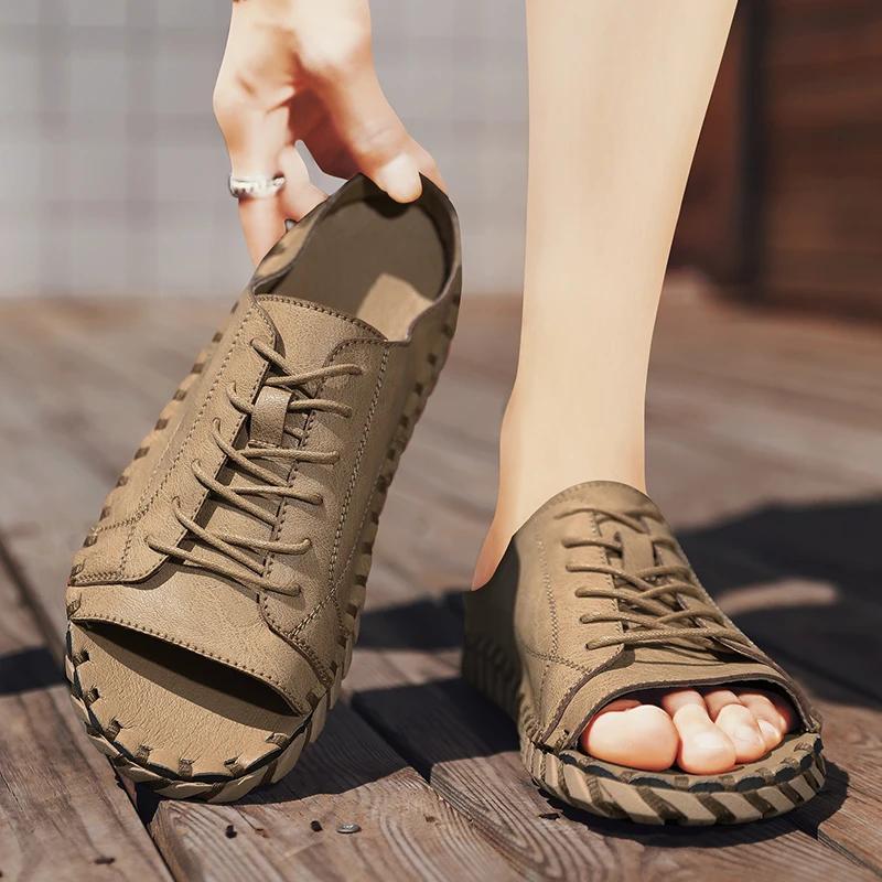 New New Casual Top Leather Slippers Handmade with Personalized Lace Up and Super Fiber Leather Sandals Plus Size 39-46