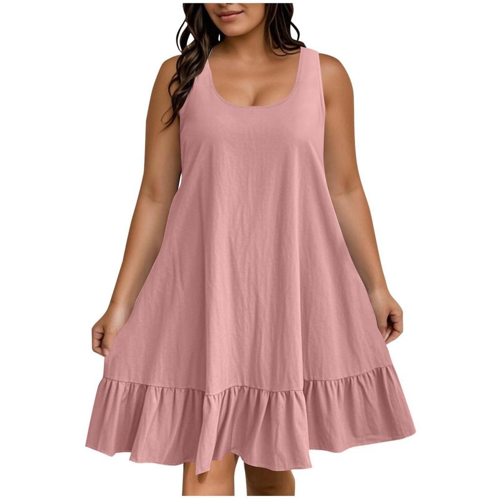 Women's Plus Size Casual Fashion Solid Color Round Neck Sleeveless Dress