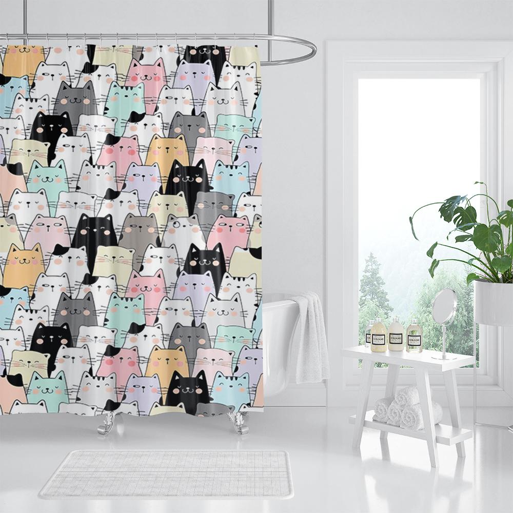 Cat Printed Shower Curtain Color Cartoon Lovely Animal Bear Polyester Fabric Hanging Curtains Bathroom Bathtub Decor with Hooks