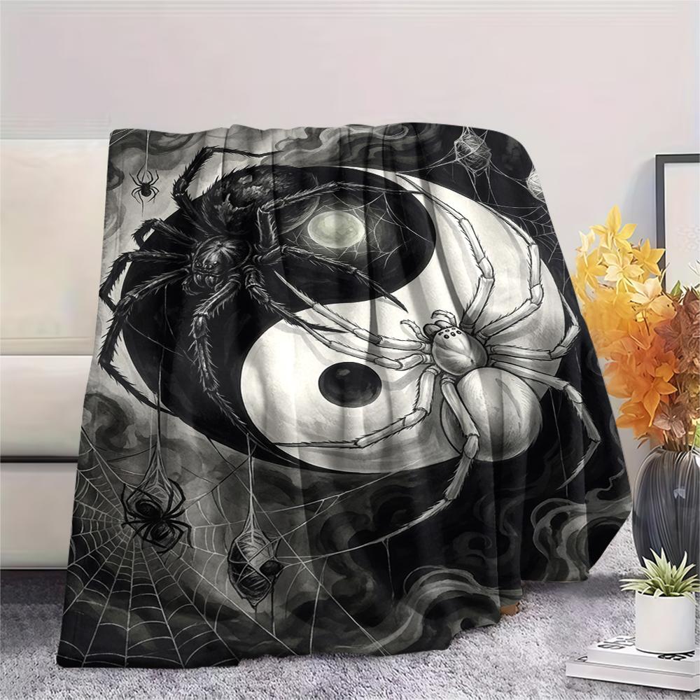 1Pc Dark Spider Print Flannel Blanket, High quality Comfortable for All Seasons, Home Decor, Warmth and Comfort, Perfect for Christmas Gifts W89
