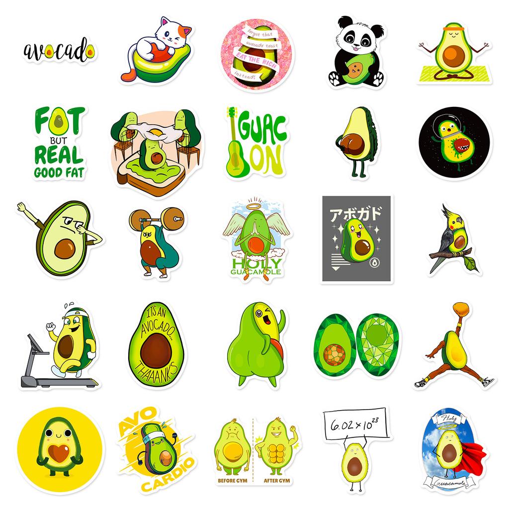 50 Avocado Series Stickers, Cute Avocado Cartoon Style Graffiti Stickers