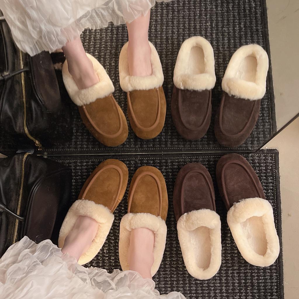 Women's Retro Lightweight and Comfortable Non-slip Heightening Winter Warm Plush Lining Non-slip Durable Casual Cotton One-step Plush Slippers