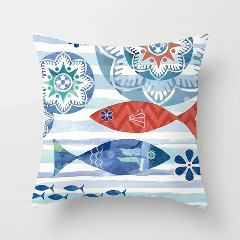 45X45CM Retro Mediterraner Ozean Druck Blau Grün Kissenbezug Heiß Meerjungfrau Fisch Kissenbezug Sofa Sitz Wohnzimmer Dekokissen