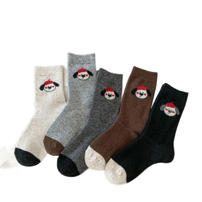 Red Hat Puppy Wool Socks, Thick and Warm Mid-calf Socks, Thick Socks, Cartoon Boneless Socks