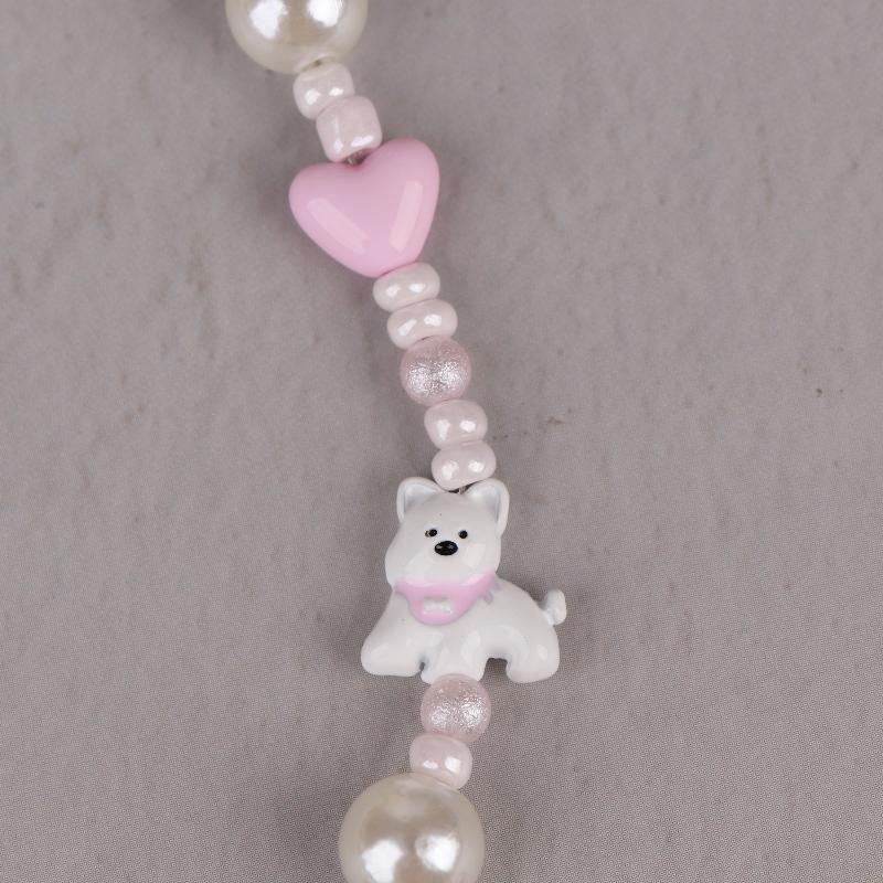 Y2K Cute Pink Puppy Beaded Phone Chain Cartoon West Highland Dog Phone Lanyard Wristband Keyring Universal Hanging Cord