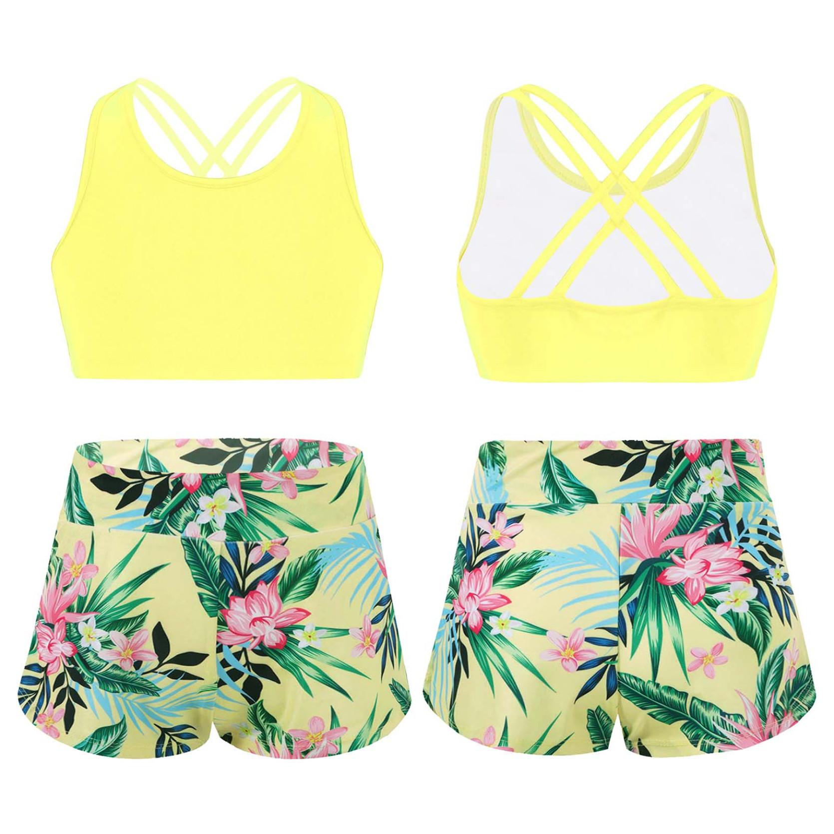 IEFiEL Kinderen meisjes bedrukte Rash Guard tankini sport crop top + zwemshort badpak strandbadkleding 5-6 Years