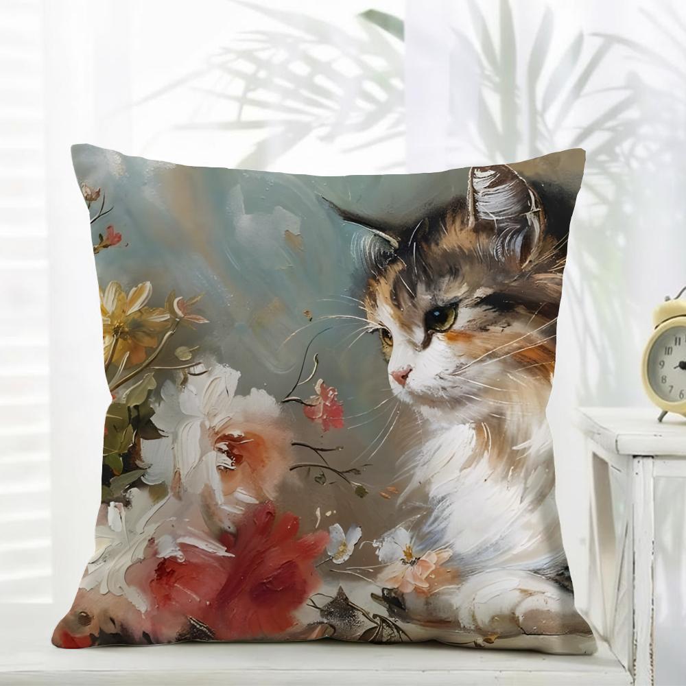 Cute Oil Painting Colorful Cat Cushion Cover Comfort Daily Washable Linen Soft for Sofa Bed Home Room Decor