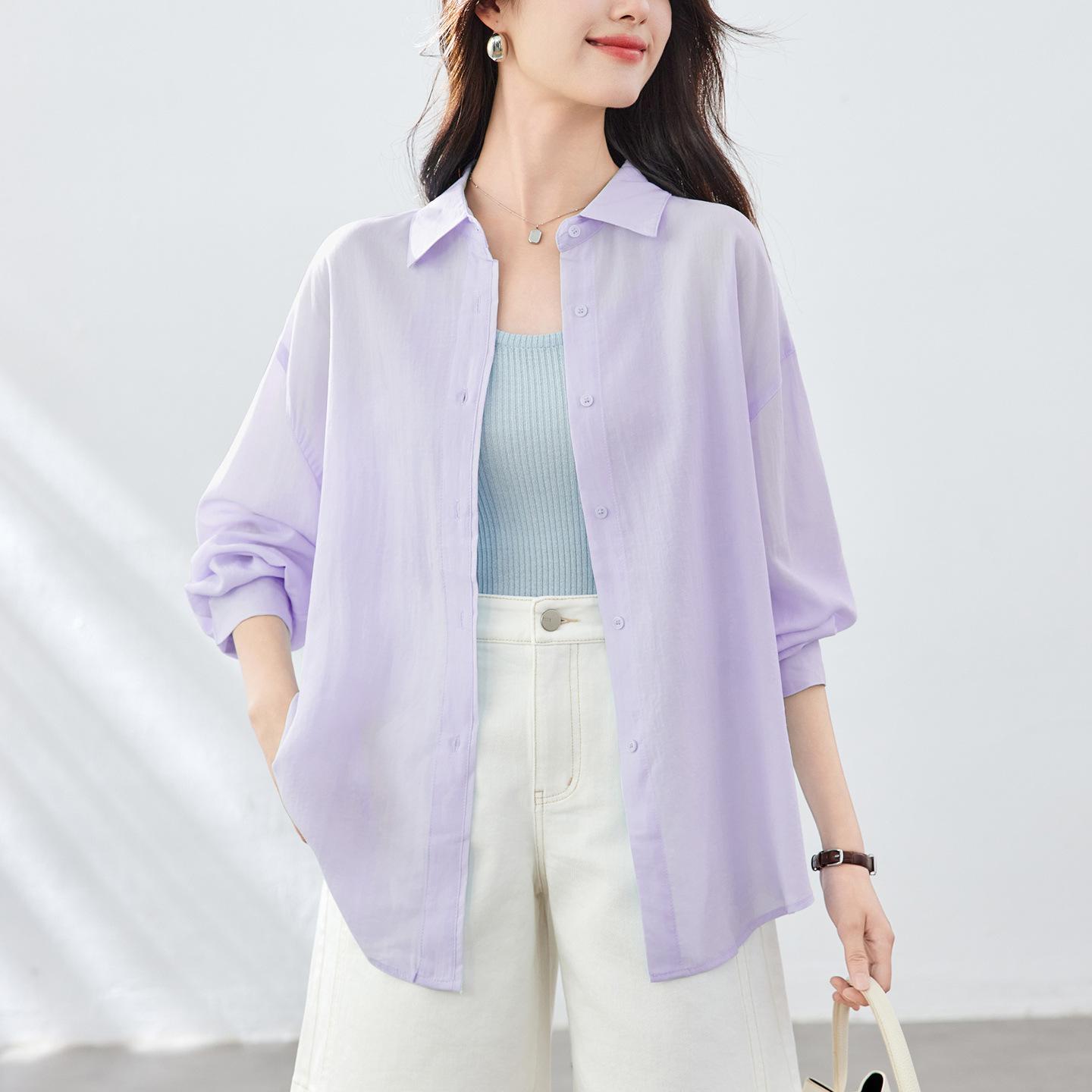 

Тонкая рубашка для женского лета, новая, из ледяного шелка и шифона, солнцезащитная одежда, кардиган, универсальная рубашка для кондиционирования воздуха One size фиолетовый